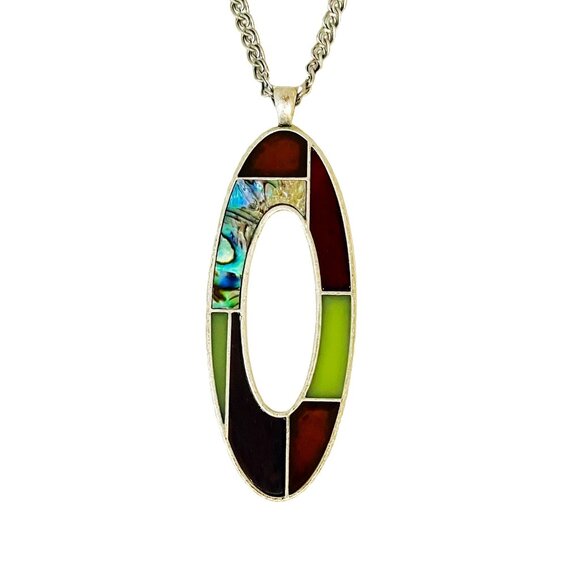 Vintage Mother-of-Pearl Oval Pendant Necklace Silver Chain Geometric Design - Picture 1 of 5